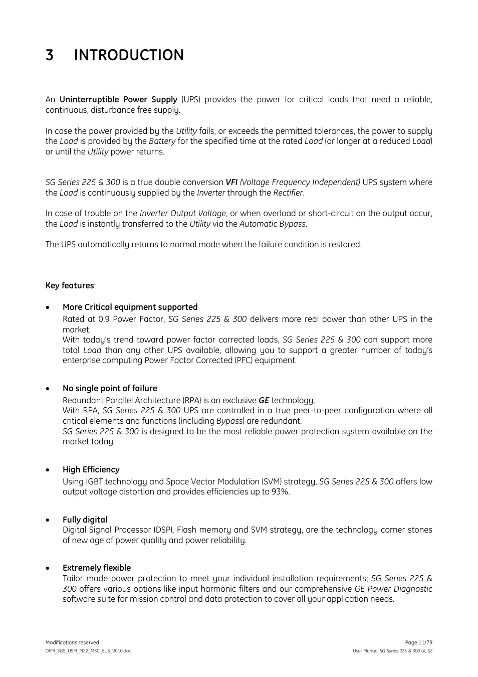 Introduction, 3 introduction | GE Industrial Solutions SG Series 225 & 300 Operating Manual User Manual | Page 11 / 79