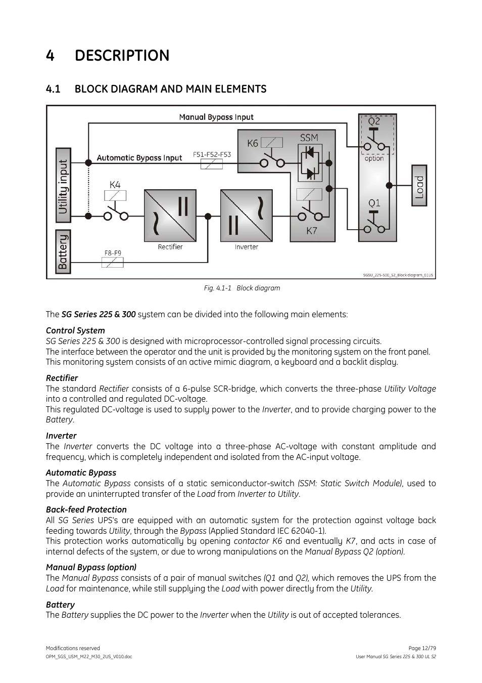 Description, Block diagram and main elements, 4 description | 1 block diagram and main elements | GE Industrial Solutions SG Series 225 & 300 Operating Manual User Manual | Page 12 / 79