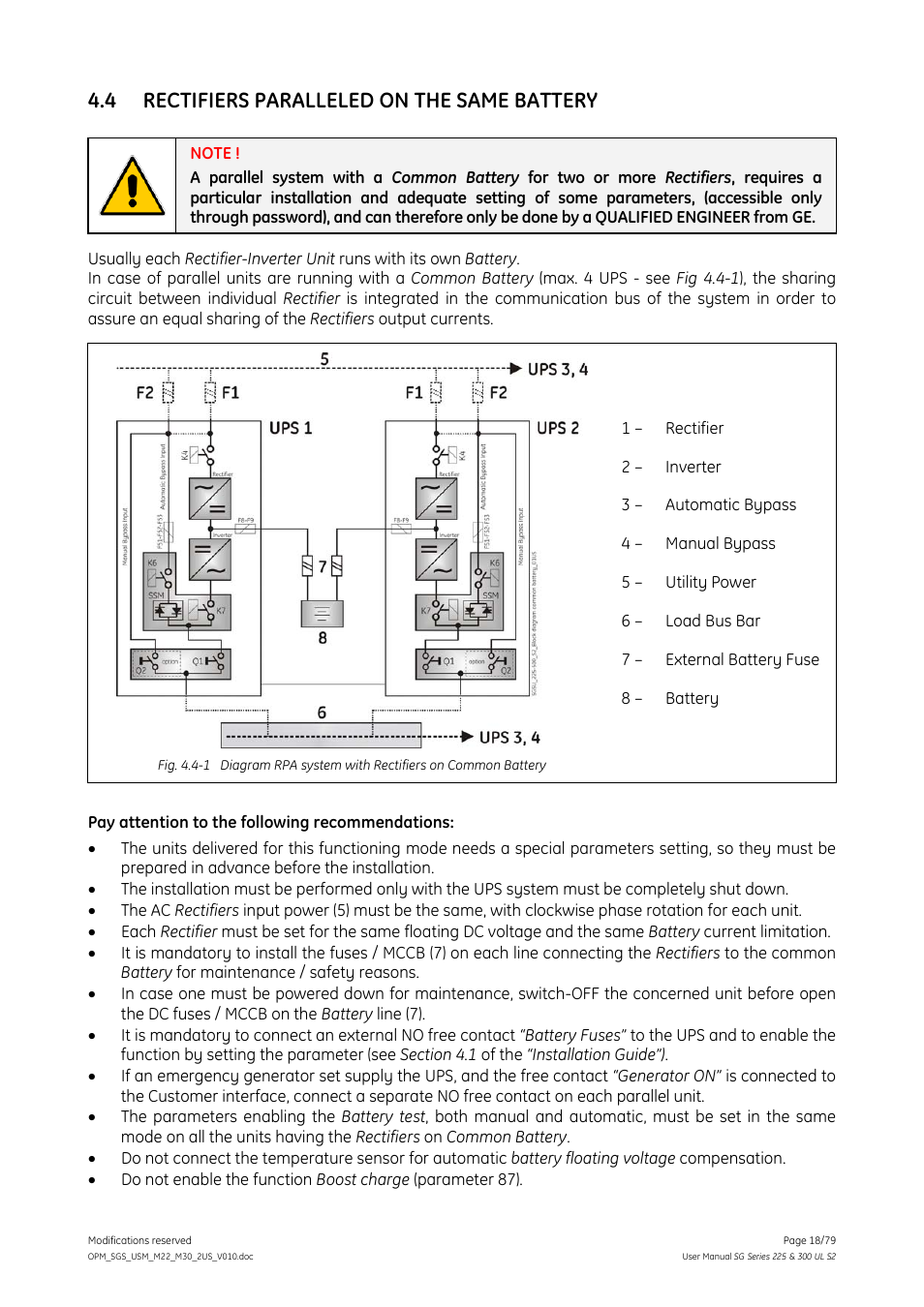 4 rectifiers paralleled on the same battery, Rectifiers paralleled on the same battery | GE Industrial Solutions SG Series 225 & 300 Operating Manual User Manual | Page 18 / 79