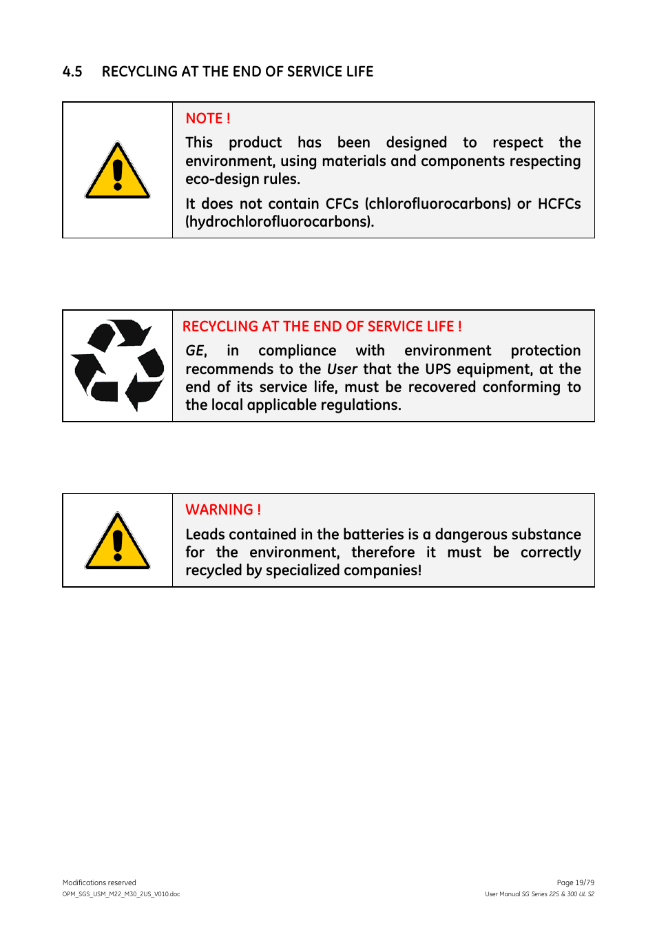 5 recycling at the end of service life, Recycling at the end of service life | GE Industrial Solutions SG Series 225 & 300 Operating Manual User Manual | Page 19 / 79