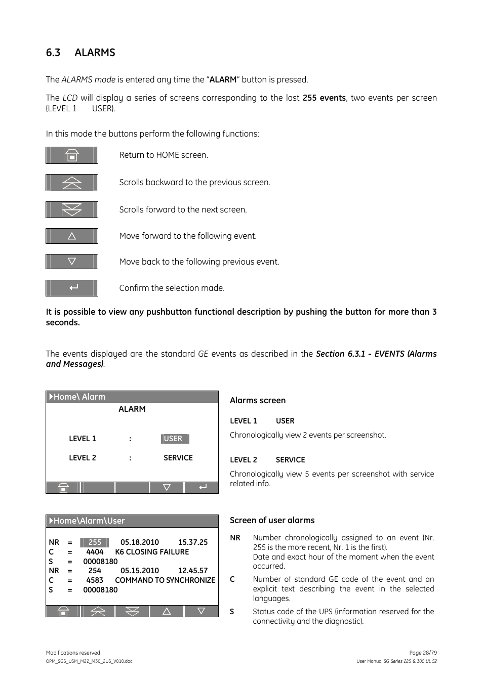 3 alarms, Alarms | GE Industrial Solutions SG Series 225 & 300 Operating Manual User Manual | Page 28 / 79