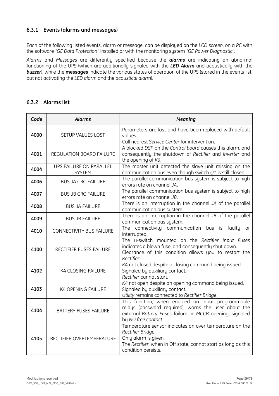 1 events (alarms and messages), 2 alarms list, Events (alarms and messages) | Alarms list | GE Industrial Solutions SG Series 225 & 300 Operating Manual User Manual | Page 29 / 79