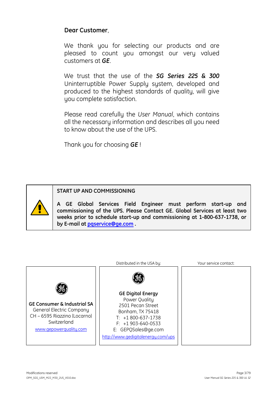 GE Industrial Solutions SG Series 225 & 300 Operating Manual User Manual | Page 3 / 79