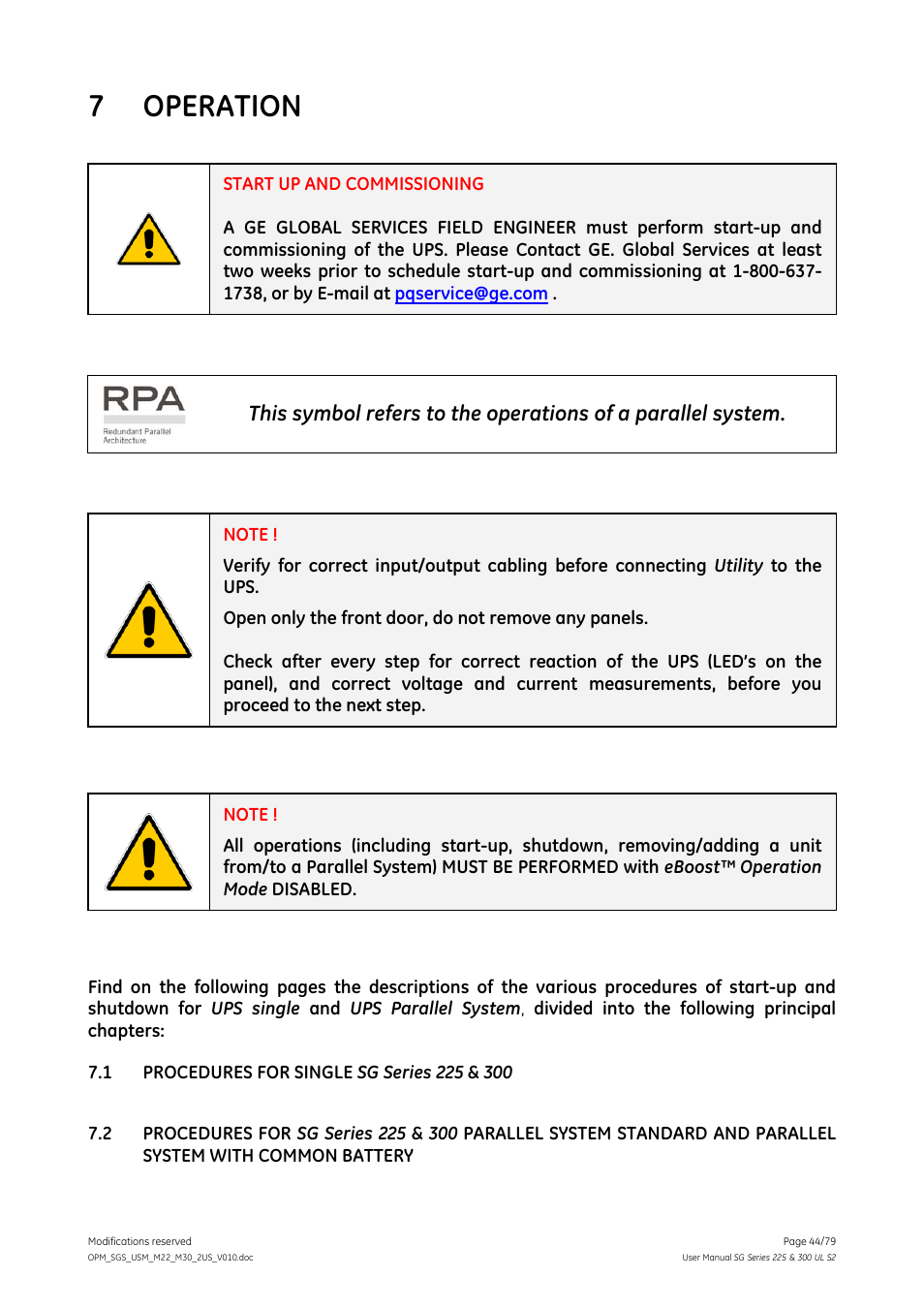 Operation, 7 operation | GE Industrial Solutions SG Series 225 & 300 Operating Manual User Manual | Page 44 / 79