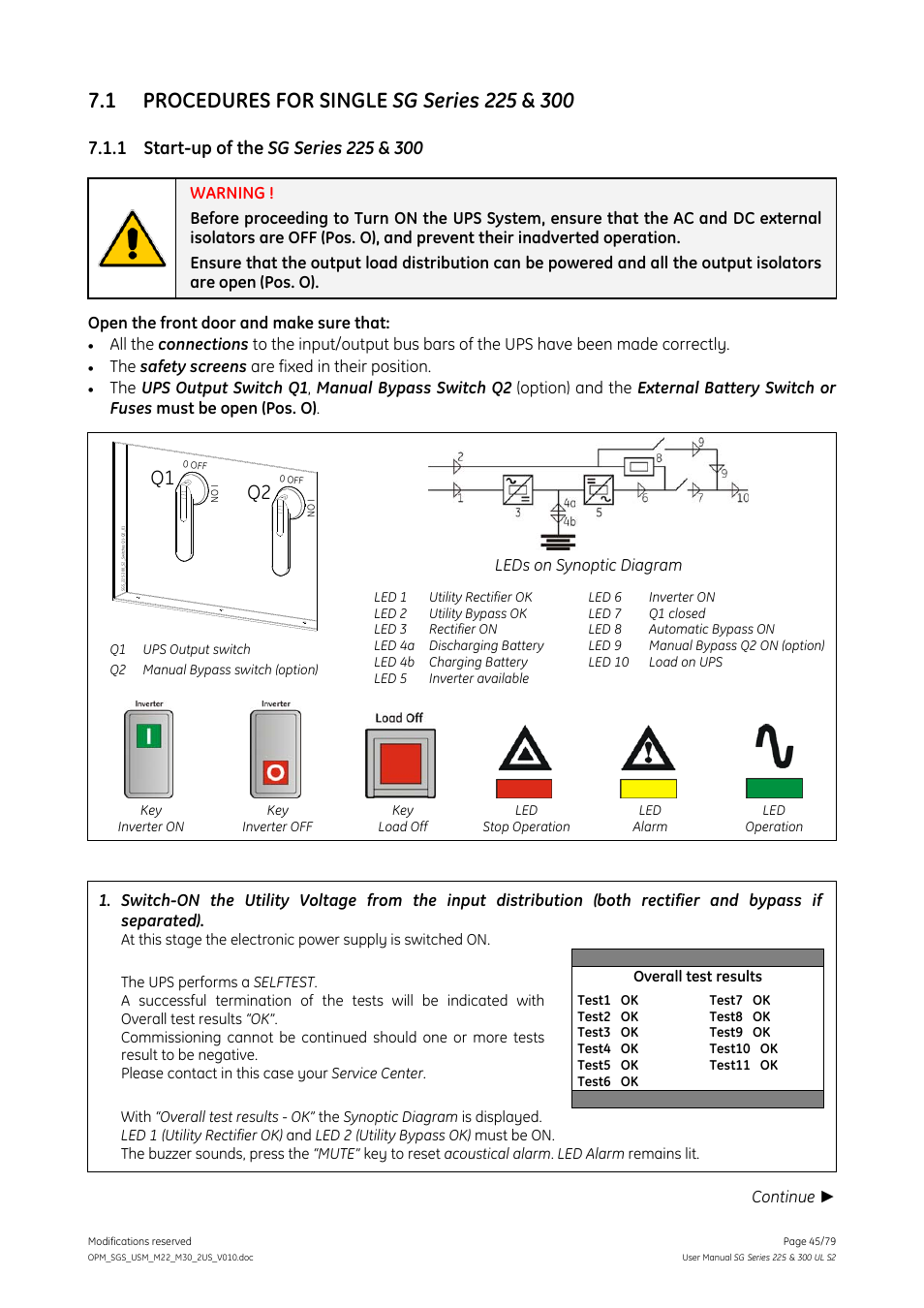 1 procedures for single sg series 225 & 300, 1 start-up of the sg series 225 & 300, Procedures for single sg series 225 & 300 | Start-up of the sg series 225 & 300, Open the front door and make sure that, The safety screens are fixed in their position, Leds on synoptic diagram, Continue | GE Industrial Solutions SG Series 225 & 300 Operating Manual User Manual | Page 45 / 79