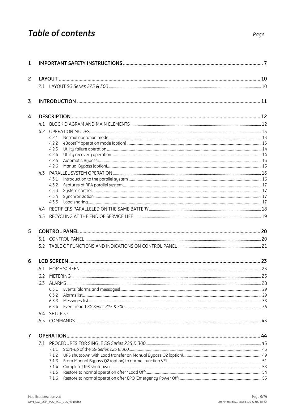 GE Industrial Solutions SG Series 225 & 300 Operating Manual User Manual | Page 5 / 79