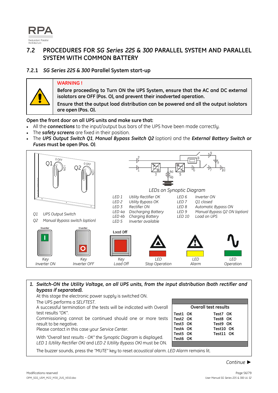 1 sg series 225 & 300 parallel system start-up, Battery, Sg series 225 & 300 parallel system start-up | The safety screens are fixed in their position, Leds on synoptic diagram, Continue | GE Industrial Solutions SG Series 225 & 300 Operating Manual User Manual | Page 56 / 79