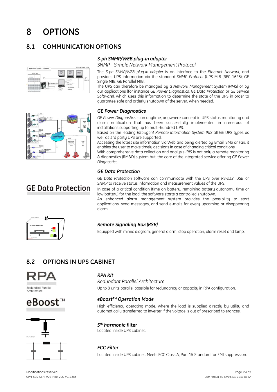 Options, 1 communication options, Options in ups cabinet | Communication options, 8 options, 2 options in ups cabinet | GE Industrial Solutions SG Series 225 & 300 Operating Manual User Manual | Page 75 / 79