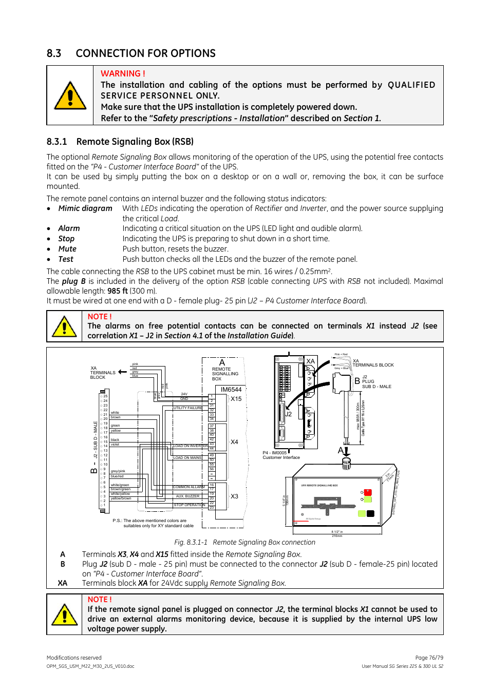 Connection for options, 1 remote signaling box (rsb), Remote signaling box (rsb) | 3 connection for options, Fig. 8.3.1-1 remote signaling box connection, Im6544, J2 xa | GE Industrial Solutions SG Series 225 & 300 Operating Manual User Manual | Page 76 / 79