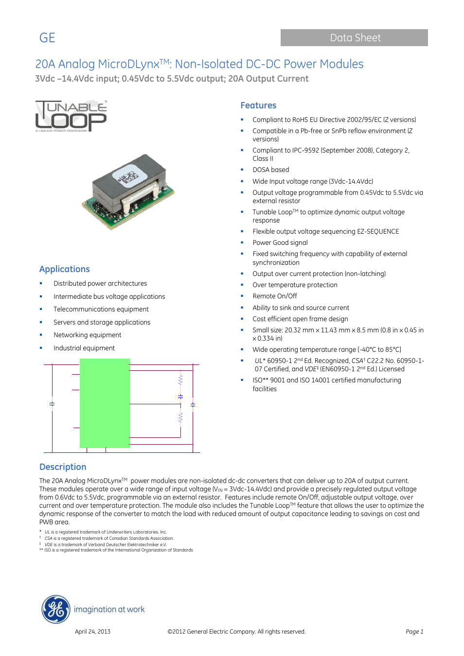 GE Industrial Solutions 20A Analog MicroDLynx User Manual | 24 pages