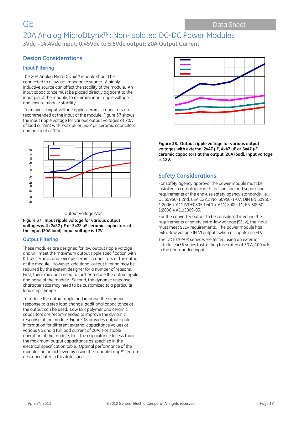20a analog microdlynx, Non-isolated dc-dc power modules, Data sheet | Design considerations, Safety considerations | GE Industrial Solutions 20A Analog MicroDLynx User Manual | Page 12 / 24