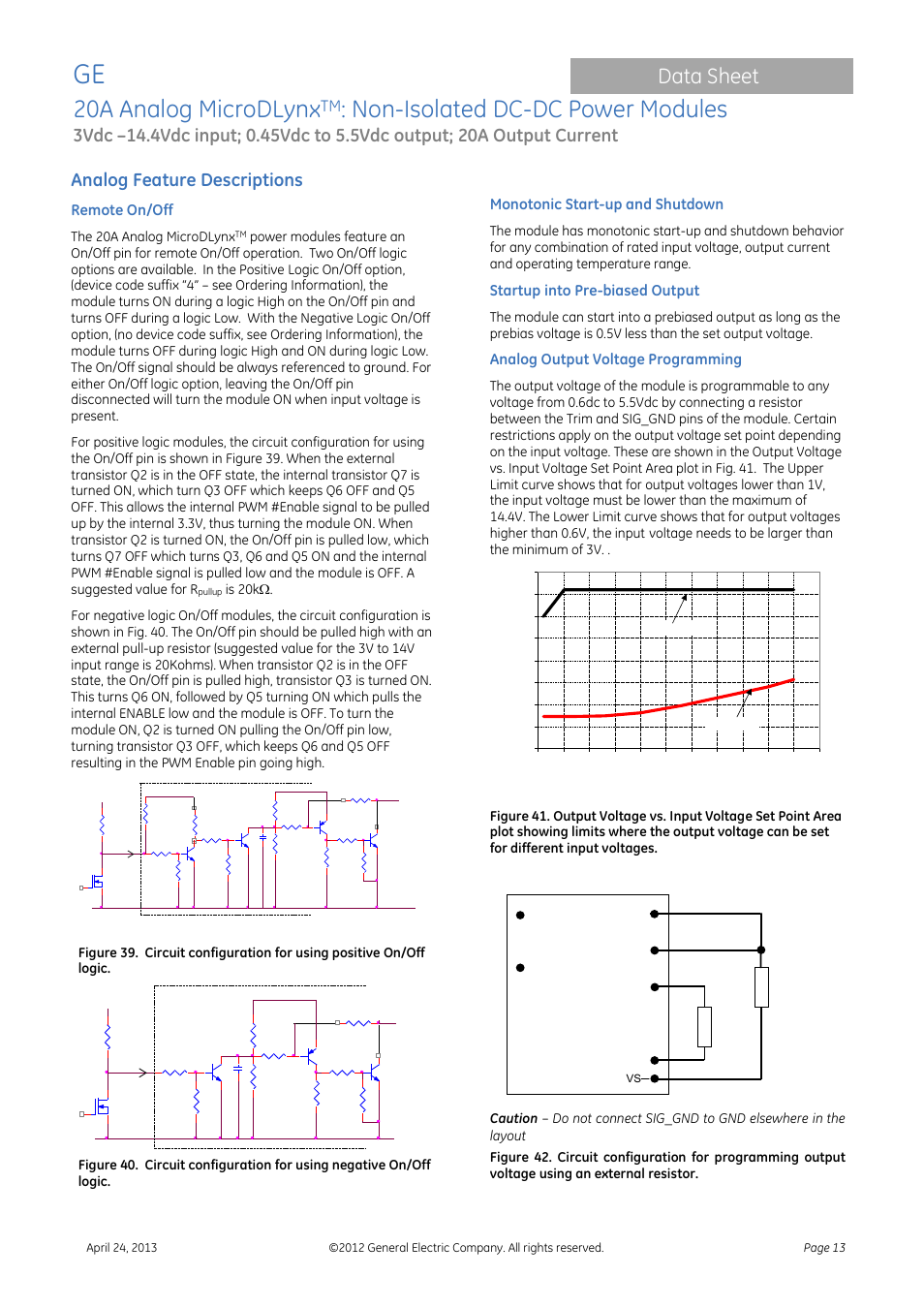 20a analog microdlynx, Non-isolated dc-dc power modules, Data sheet | Analog feature descriptions, Remote on/off, Monotonic start-up and shutdown, Startup into pre-biased output, Analog output voltage programming | GE Industrial Solutions 20A Analog MicroDLynx User Manual | Page 13 / 24
