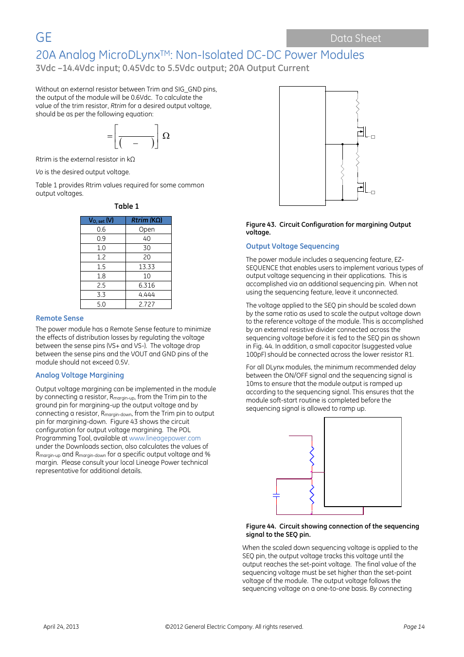 20a analog microdlynx, Non-isolated dc-dc power modules, Data sheet | Dlynx module | GE Industrial Solutions 20A Analog MicroDLynx User Manual | Page 14 / 24