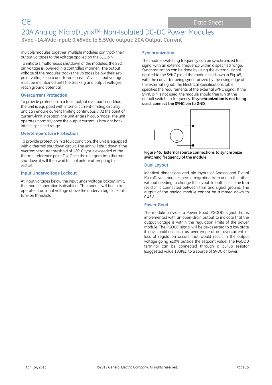 20a analog microdlynx, Non-isolated dc-dc power modules, Data sheet | GE Industrial Solutions 20A Analog MicroDLynx User Manual | Page 15 / 24