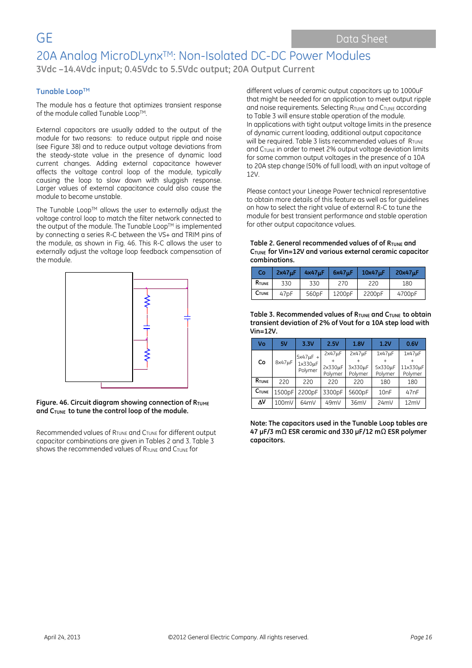 20a analog microdlynx, Non-isolated dc-dc power modules, Data sheet | Module | GE Industrial Solutions 20A Analog MicroDLynx User Manual | Page 16 / 24