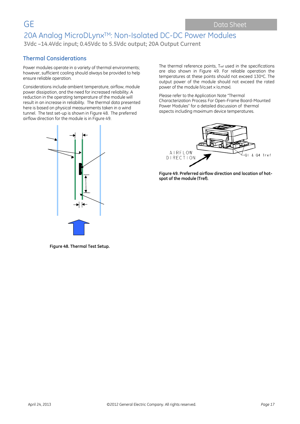 20a analog microdlynx, Non-isolated dc-dc power modules, Data sheet | Thermal considerations | GE Industrial Solutions 20A Analog MicroDLynx User Manual | Page 17 / 24