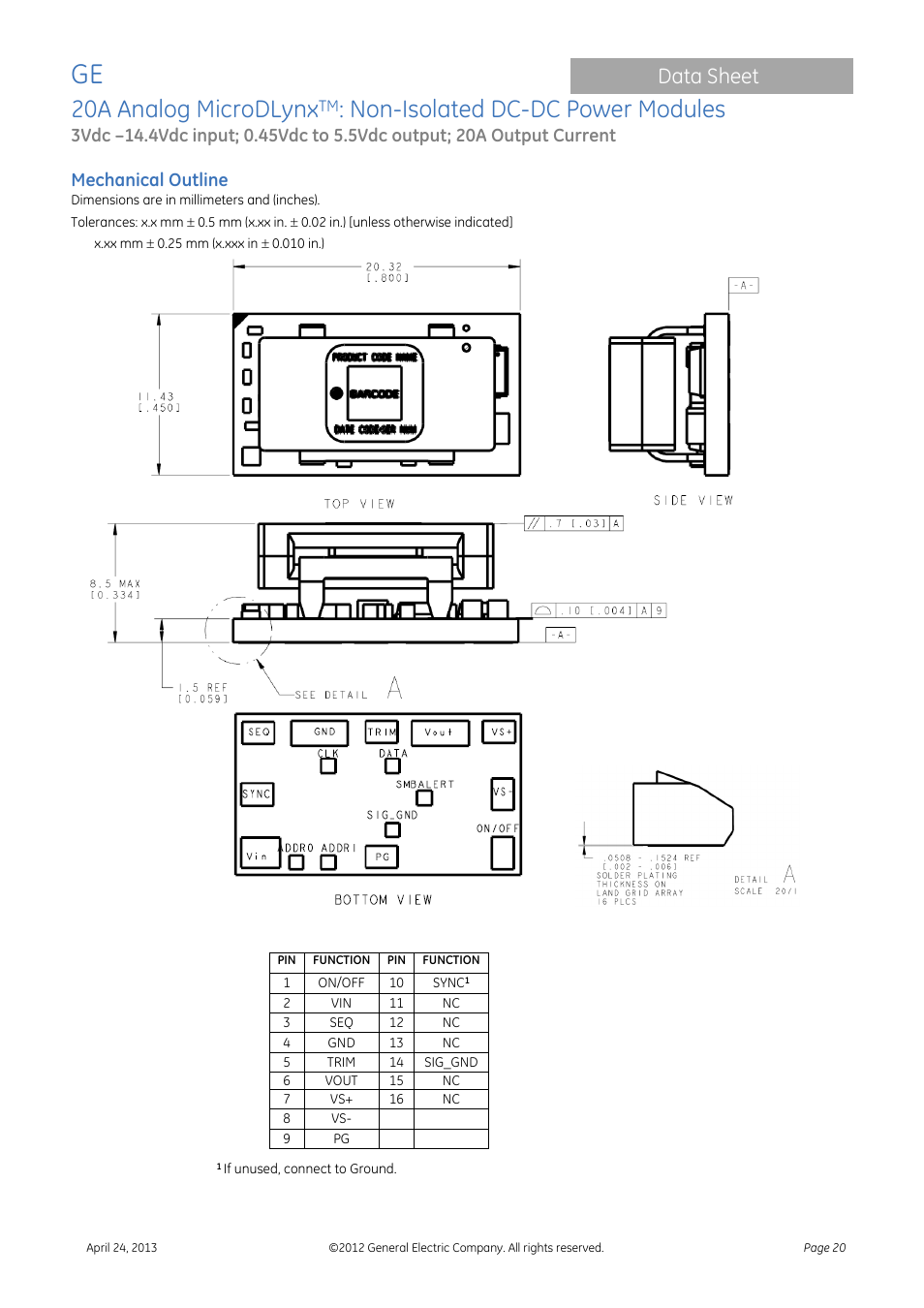 20a analog microdlynx, Non-isolated dc-dc power modules, Data sheet | Mechanical outline | GE Industrial Solutions 20A Analog MicroDLynx User Manual | Page 20 / 24