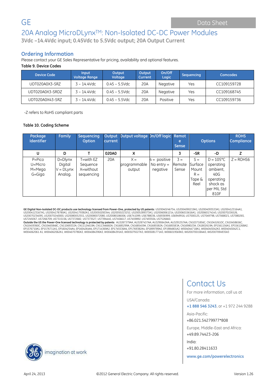 Contact us, 20a analog microdlynx, Non-isolated dc-dc power modules | Data sheet, Ordering information | GE Industrial Solutions 20A Analog MicroDLynx User Manual | Page 24 / 24