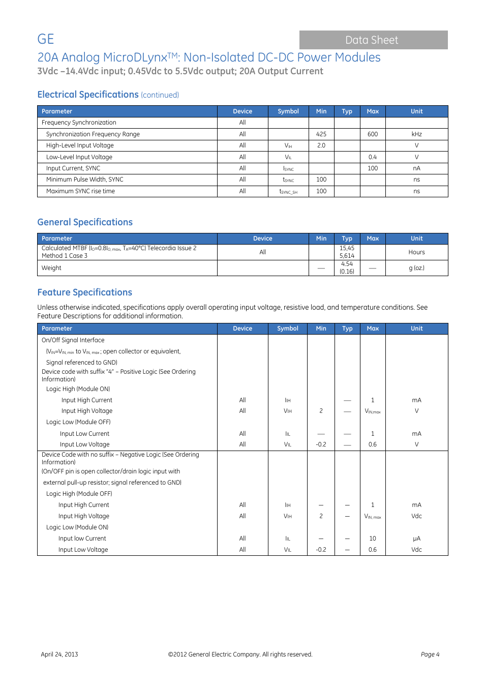 20a analog microdlynx, Non-isolated dc-dc power modules, Data sheet | Electrical specifications, General specifications, Feature specifications | GE Industrial Solutions 20A Analog MicroDLynx User Manual | Page 4 / 24