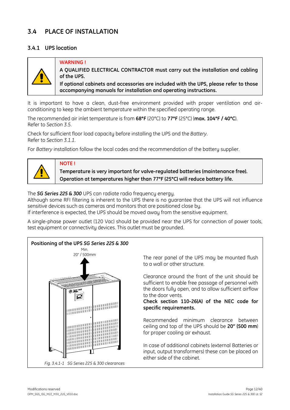 4 place of installation, 1 ups location, Place of installation | Ups location | GE Industrial Solutions SG Series 225 & 300 Installation Guide User Manual | Page 12 / 40