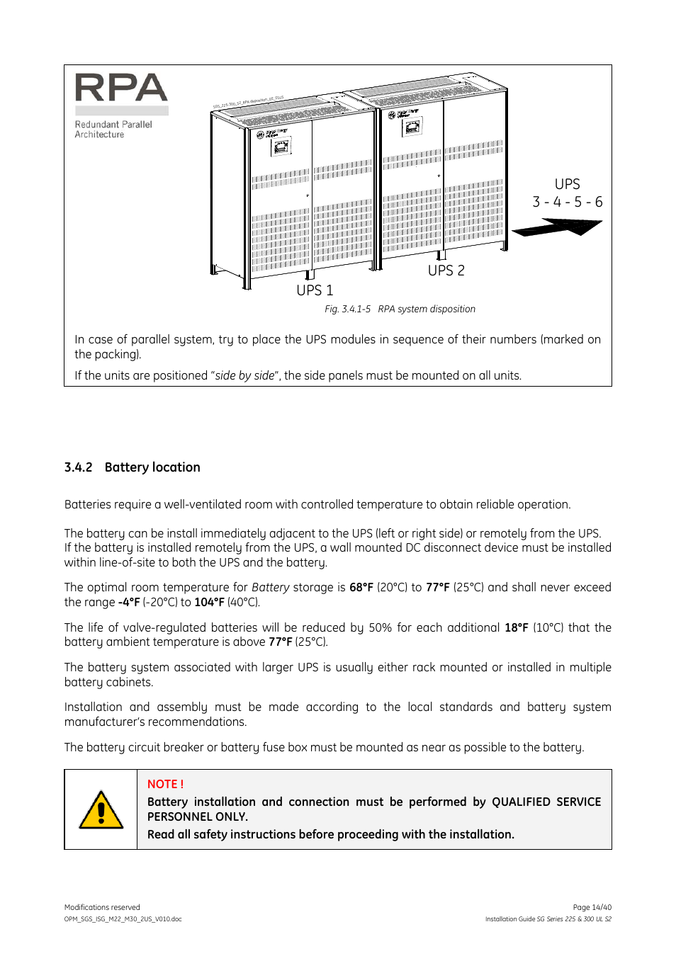 2 battery location, Battery location, Ups 3 - 4 - 5 - 6 | Ups 1 ups 2 | GE Industrial Solutions SG Series 225 & 300 Installation Guide User Manual | Page 14 / 40
