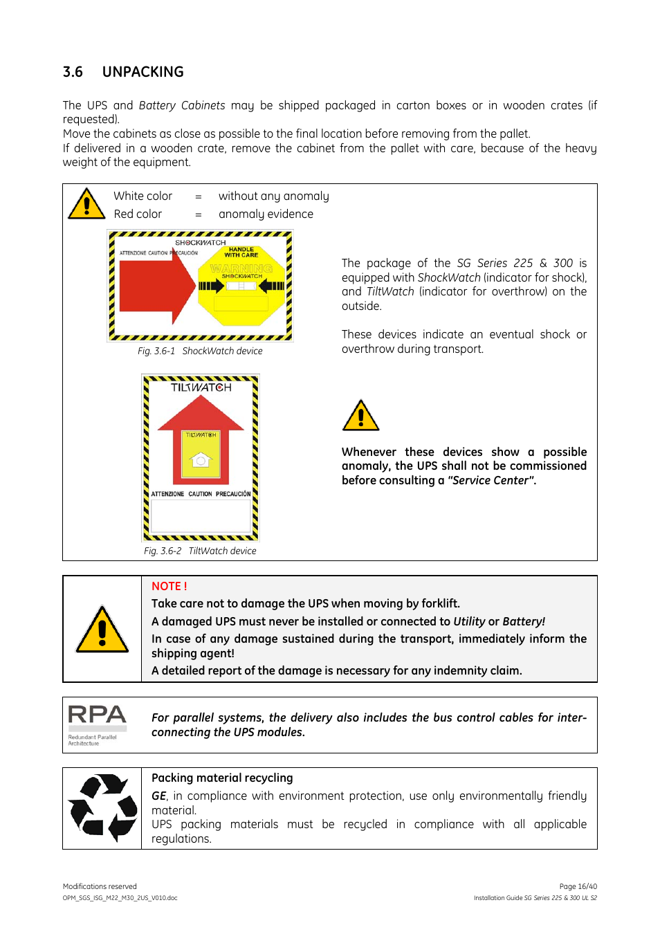6 unpacking, Unpacking | GE Industrial Solutions SG Series 225 & 300 Installation Guide User Manual | Page 16 / 40