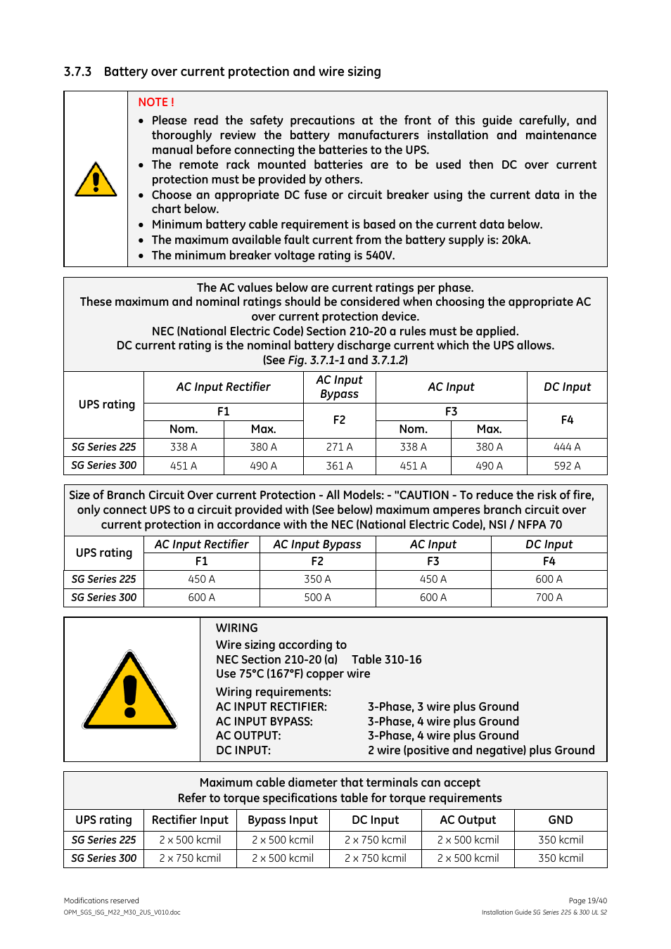 3 battery over current protection and wire sizing, Battery over current protection and wire sizing | GE Industrial Solutions SG Series 225 & 300 Installation Guide User Manual | Page 19 / 40