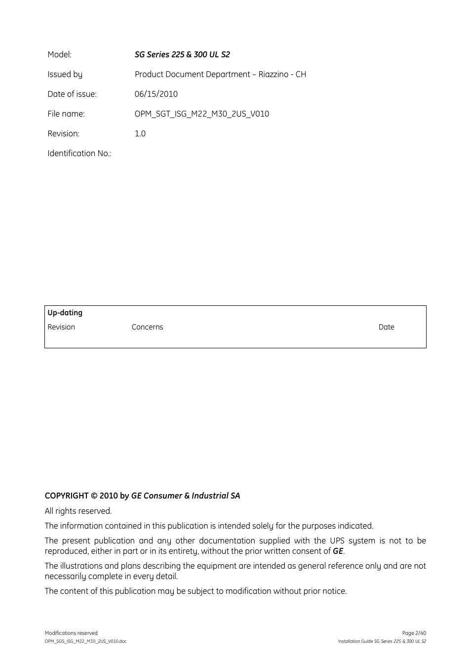 GE Industrial Solutions SG Series 225 & 300 Installation Guide User Manual | Page 2 / 40