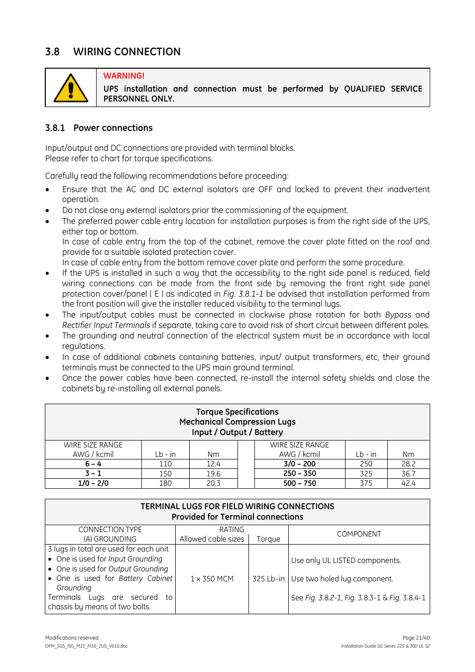 8 wiring connection, 1 power connections, Wiring connection | Power connections | GE Industrial Solutions SG Series 225 & 300 Installation Guide User Manual | Page 21 / 40