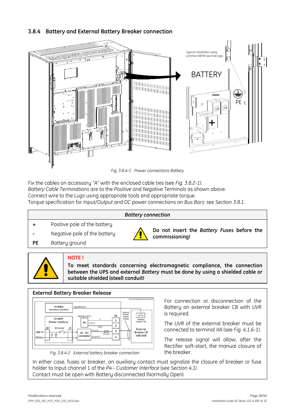 4 battery and external battery breaker connection, Battery and external battery breaker connection, Battery | GE Industrial Solutions SG Series 225 & 300 Installation Guide User Manual | Page 28 / 40