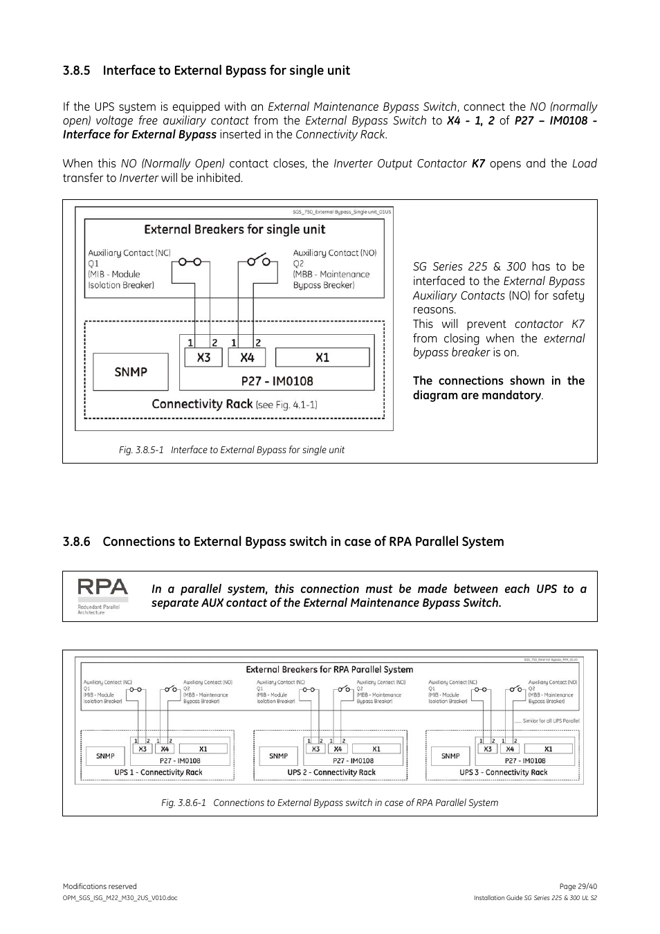5 interface to external bypass for single unit, Interface to external bypass for single unit | GE Industrial Solutions SG Series 225 & 300 Installation Guide User Manual | Page 29 / 40