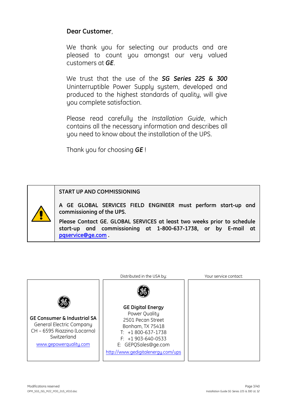 GE Industrial Solutions SG Series 225 & 300 Installation Guide User Manual | Page 3 / 40