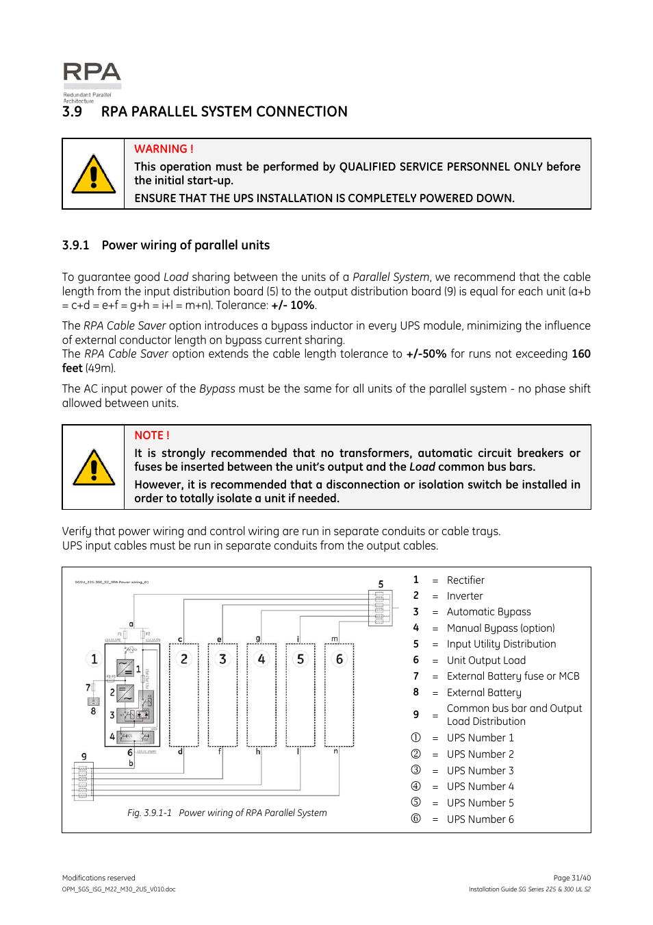 9 rpa parallel system connection, 1 power wiring of parallel units, Rpa parallel system connection | Power wiring of parallel units | GE Industrial Solutions SG Series 225 & 300 Installation Guide User Manual | Page 31 / 40