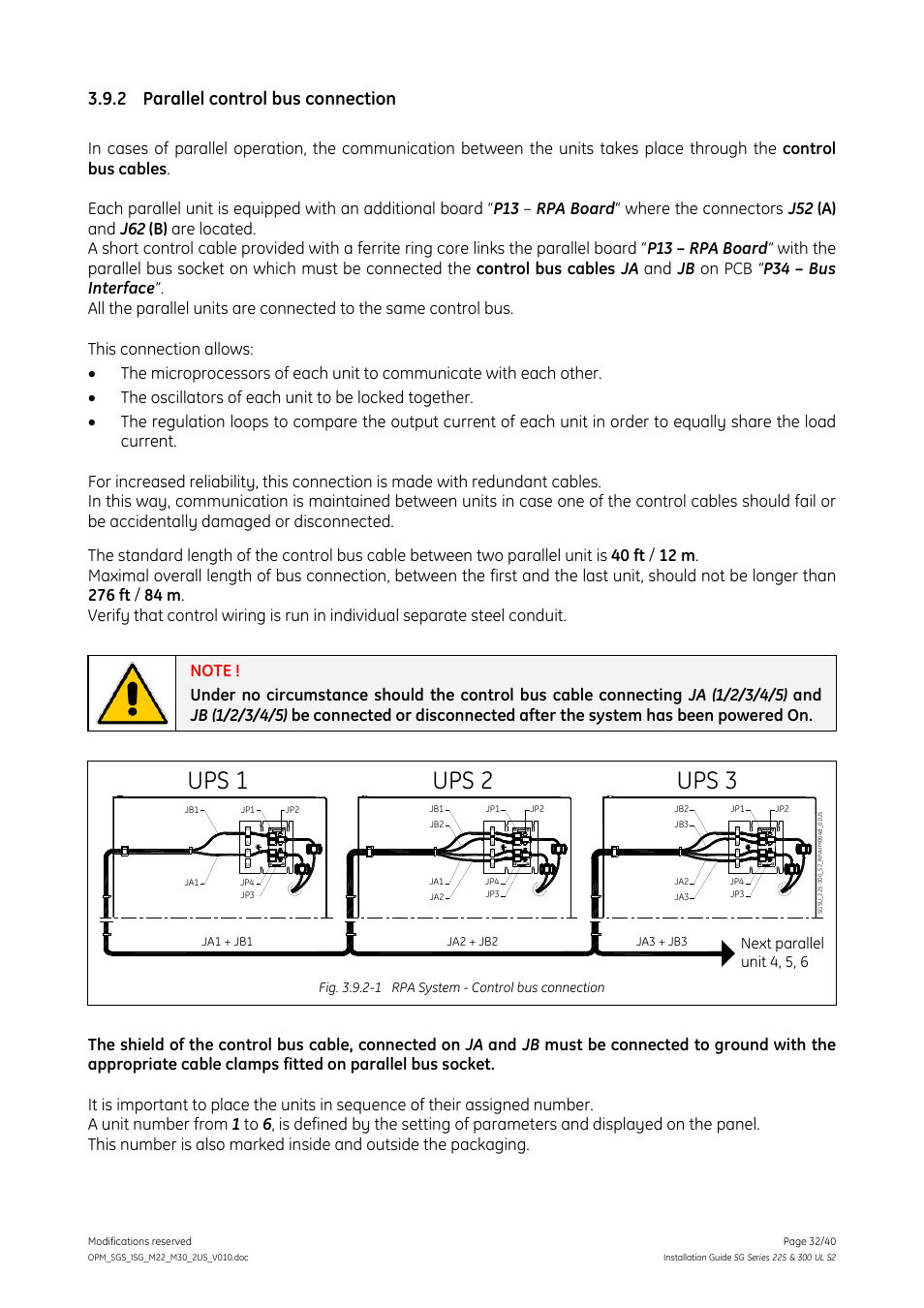 2 parallel control bus connection, Parallel control bus connection, Ups 1 ups 2 ups 3 | Next parallel unit 4, 5, 6 | GE Industrial Solutions SG Series 225 & 300 Installation Guide User Manual | Page 32 / 40