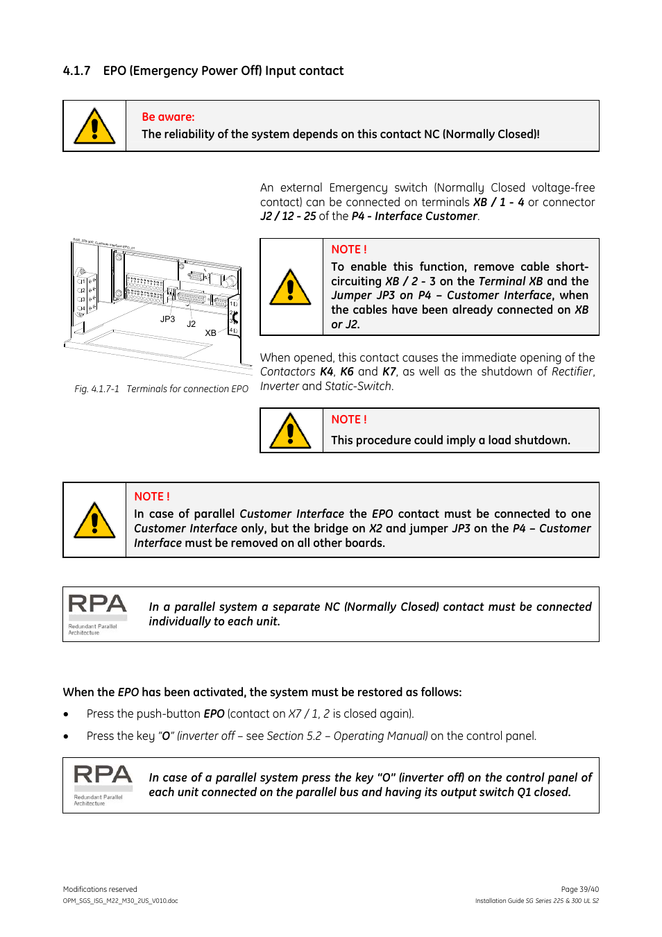 7 epo (emergency power off) input contact, Epo (emergency power off) input contact | GE Industrial Solutions SG Series 225 & 300 Installation Guide User Manual | Page 39 / 40