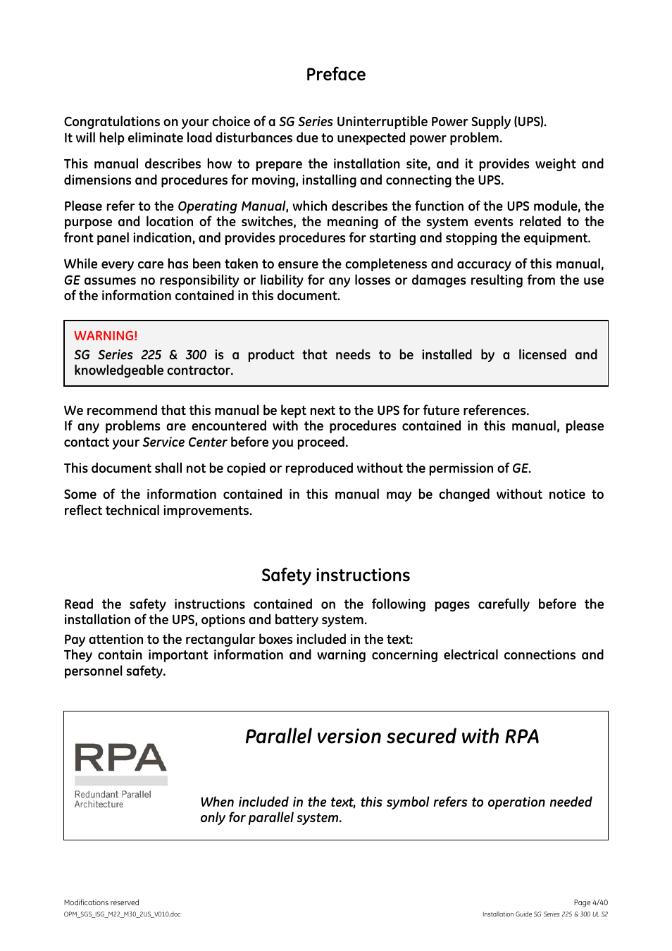 Parallel version secured with rpa, Preface, Safety instructions | GE Industrial Solutions SG Series 225 & 300 Installation Guide User Manual | Page 4 / 40