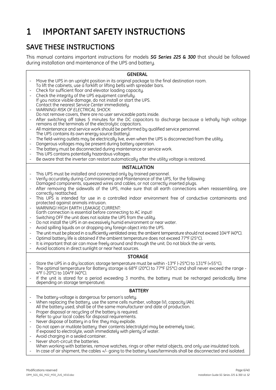 1 important safety instructions, Important safety instructions, Save these instructions | GE Industrial Solutions SG Series 225 & 300 Installation Guide User Manual | Page 6 / 40