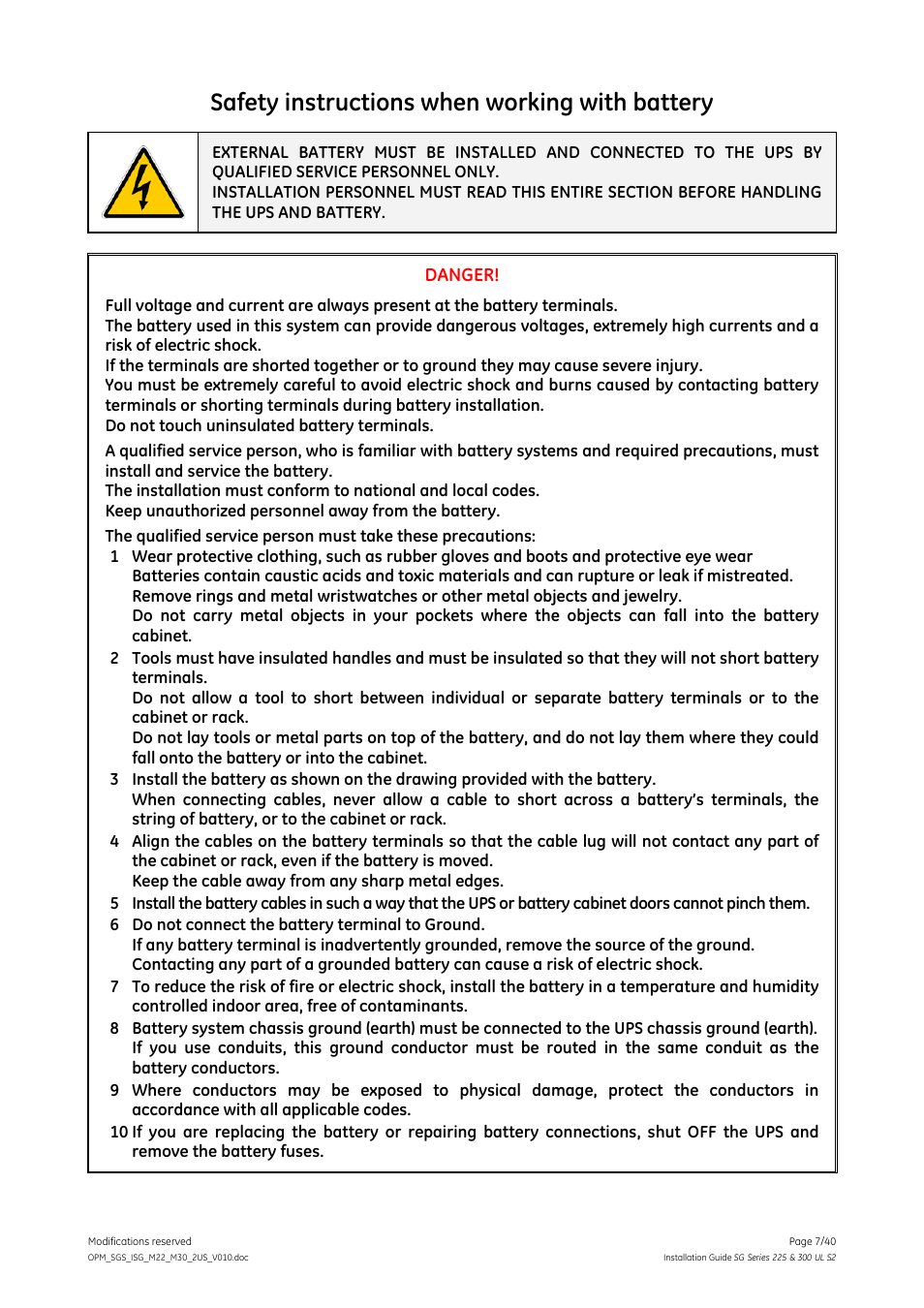 Safety instructions when working with battery, Danger | GE Industrial Solutions SG Series 225 & 300 Installation Guide User Manual | Page 7 / 40