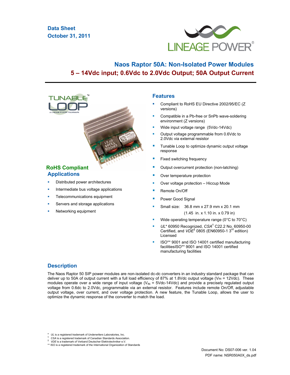 GE Industrial Solutions Naos Raptor 50A User Manual | 15 pages