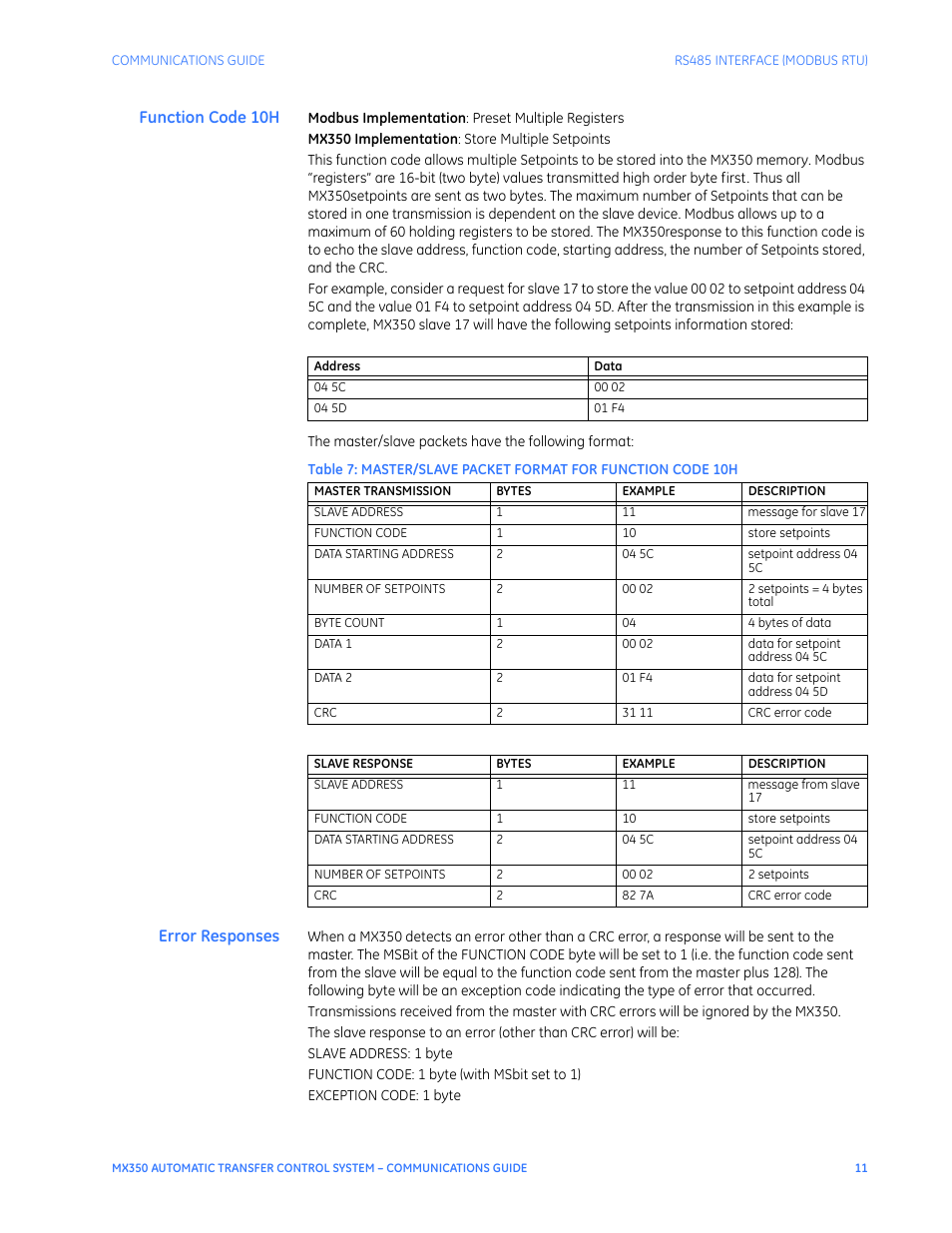 Function code 10h, Error responses, Function code 10h error responses | GE Industrial Solutions MX350 Communications Guide User Manual | Page 15 / 70
