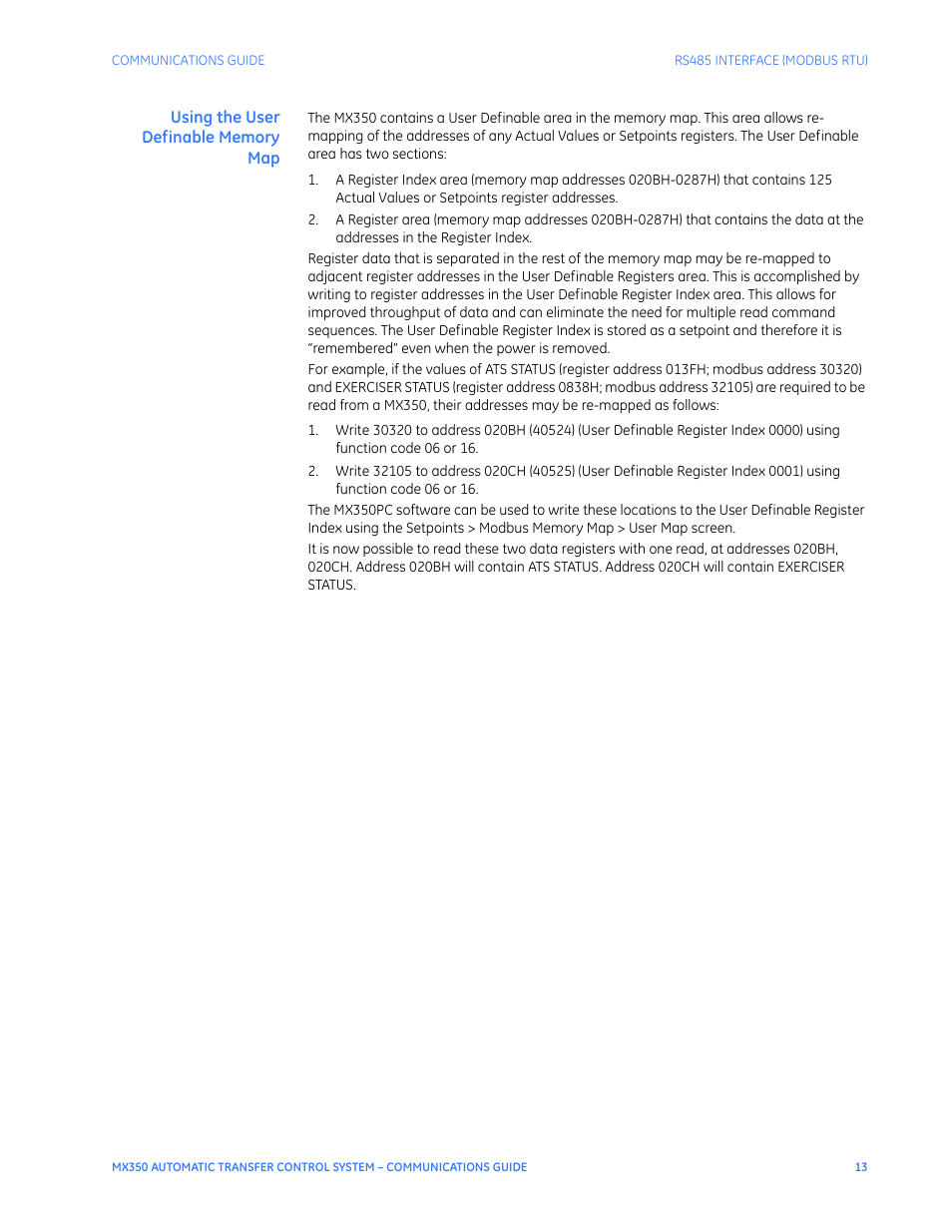 Using the user definable memory map | GE Industrial Solutions MX350 Communications Guide User Manual | Page 17 / 70