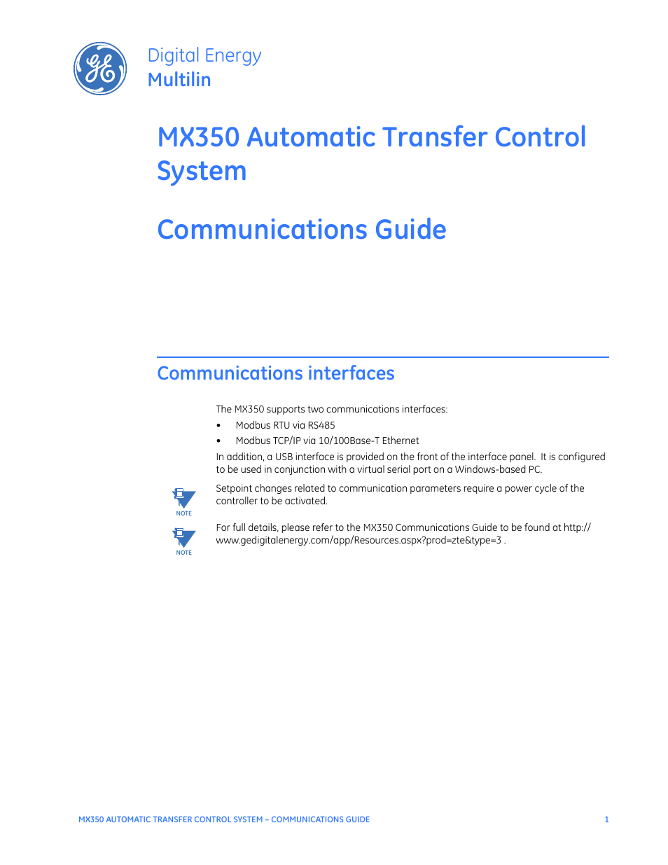 Communications guide, Communications interfaces, Digital energy multilin | GE Industrial Solutions MX350 Communications Guide User Manual | Page 5 / 70