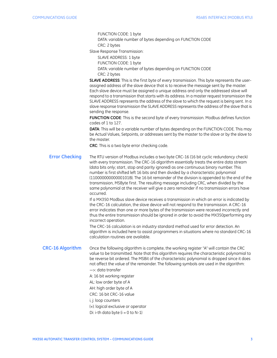 Error checking, Crc-16 algorithm, Error checking crc-16 algorithm | GE Industrial Solutions MX350 Communications Guide User Manual | Page 7 / 70