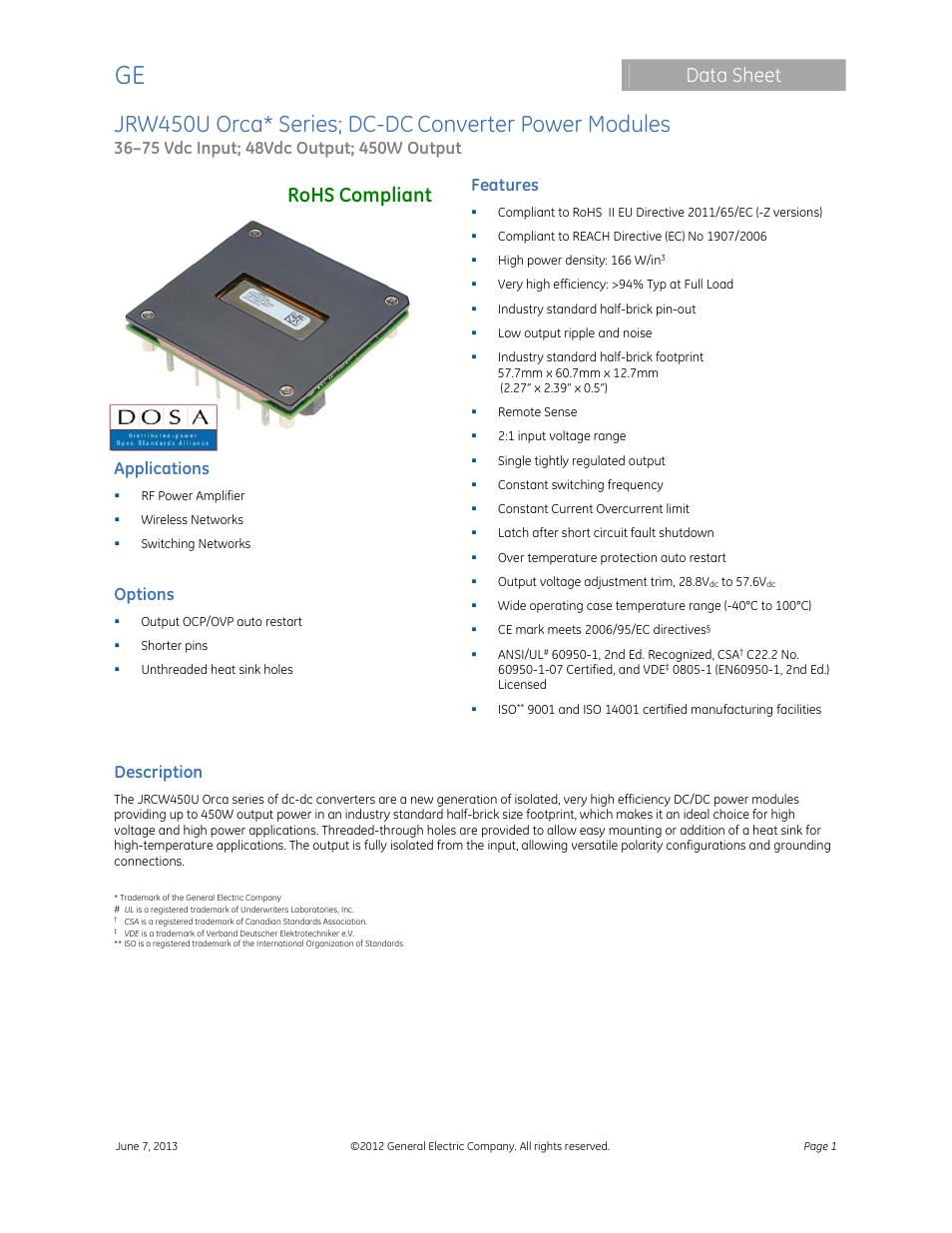 GE Industrial Solutions JRW450U Orca Series User Manual | 14 pages