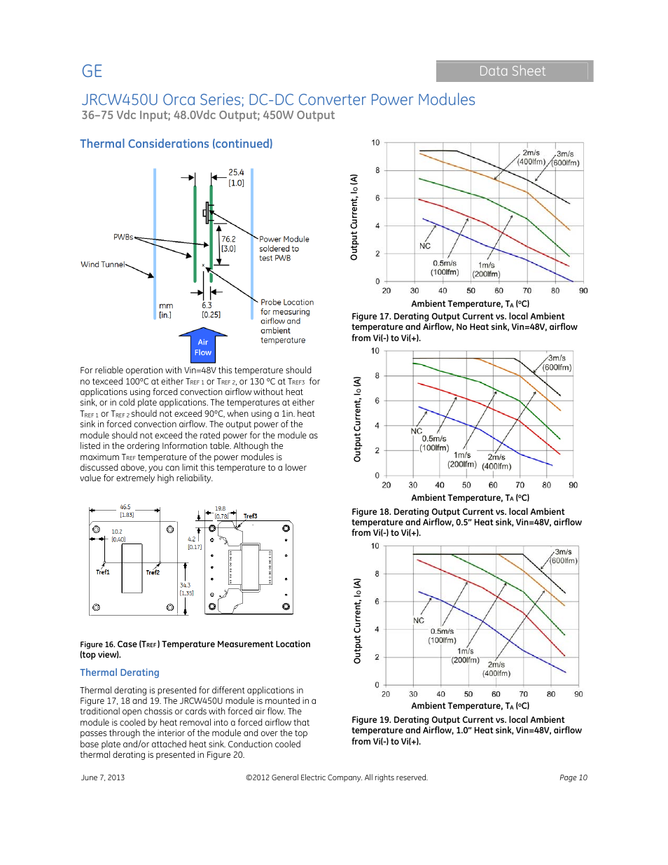 Data sheet, Thermal considerations (continued) | GE Industrial Solutions JRW450U Orca Series User Manual | Page 10 / 14