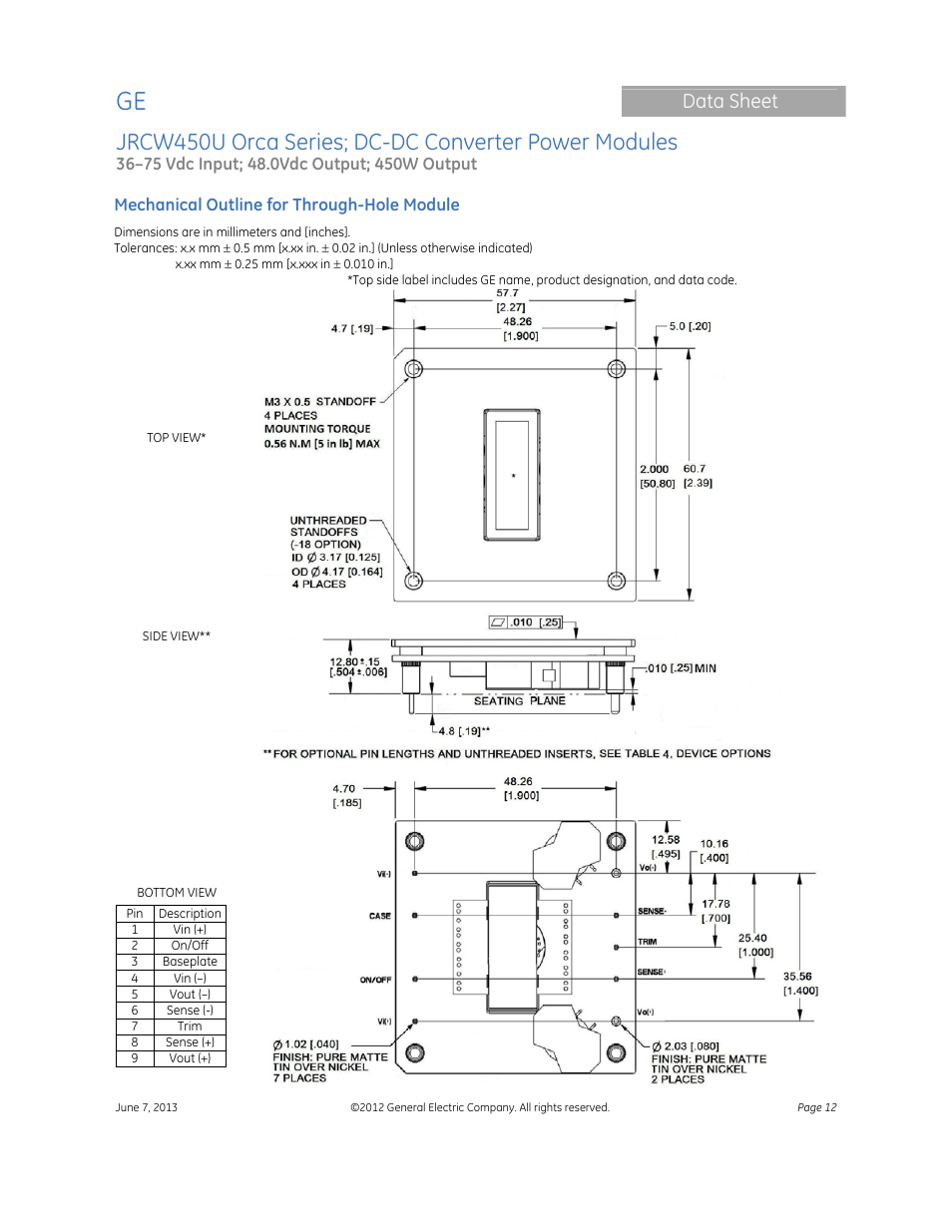 Data sheet | GE Industrial Solutions JRW450U Orca Series User Manual | Page 12 / 14
