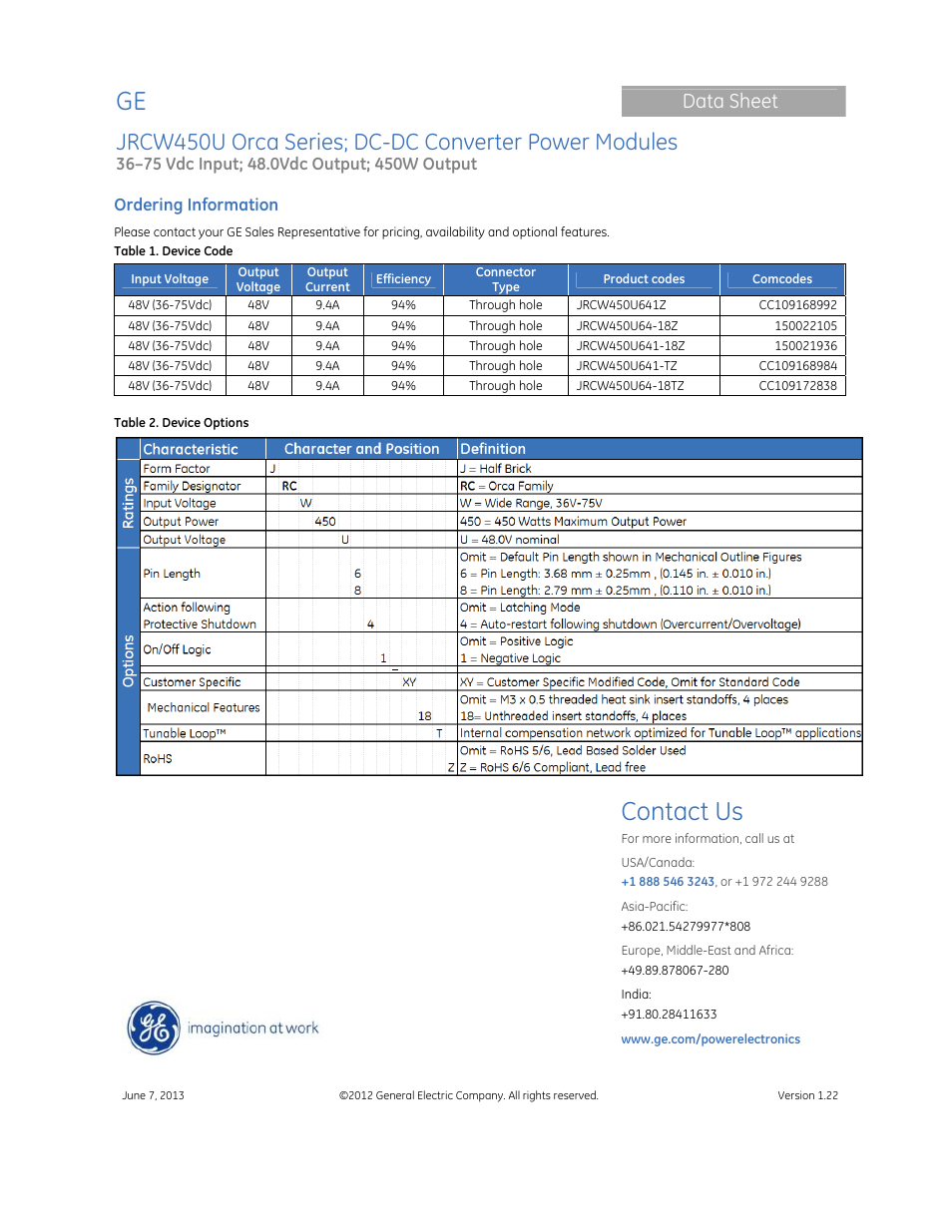 Contact us, Data sheet | GE Industrial Solutions JRW450U Orca Series User Manual | Page 14 / 14