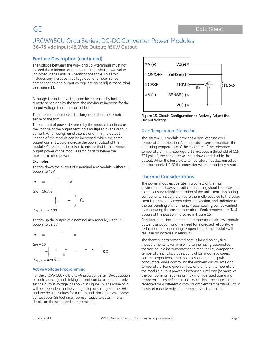 Data sheet | GE Industrial Solutions JRW450U Orca Series User Manual | Page 9 / 14