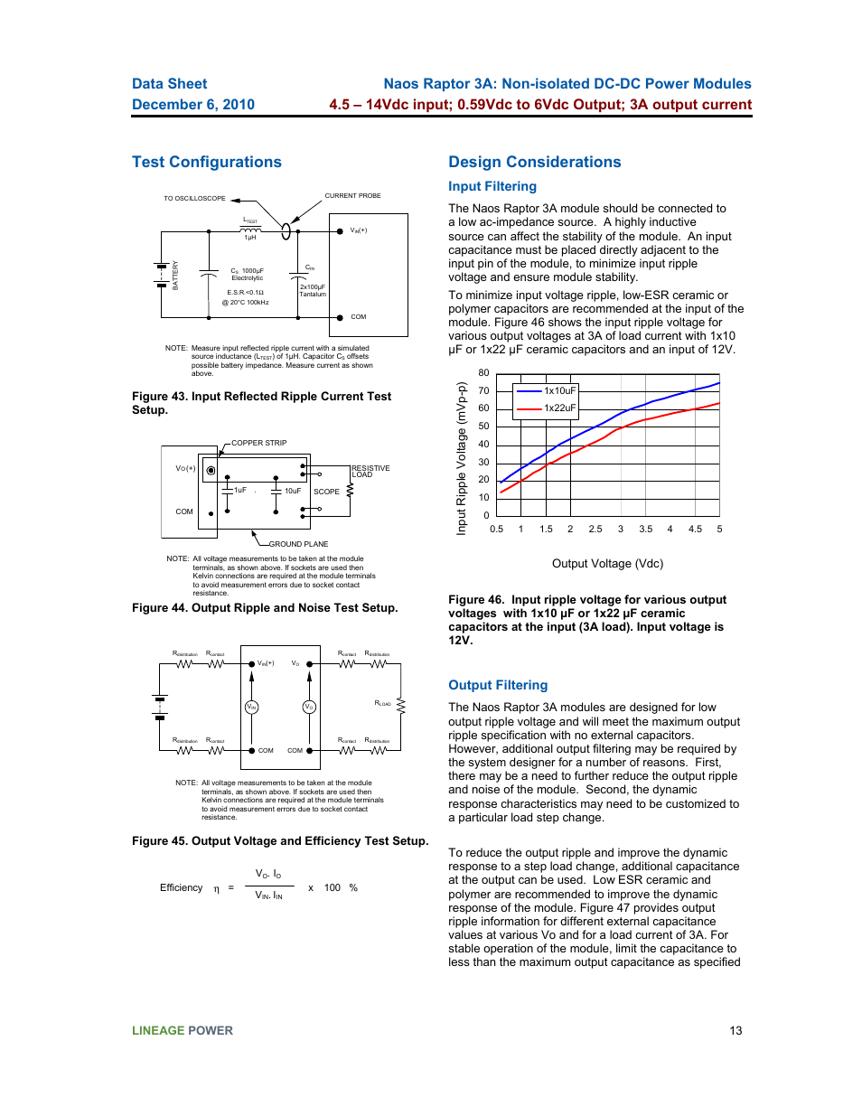 Test configurations, Design considerations, Input filtering | Output filtering, Lineage power 13, Figure 44. output ripple and noise test setup | GE Industrial Solutions Naos Raptor 3A User Manual | Page 13 / 20