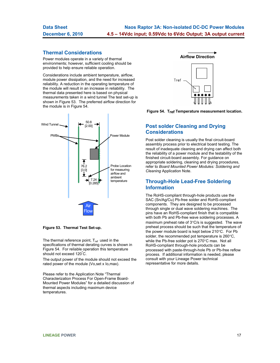 Thermal considerations, Post solder cleaning and drying considerations, Through-hole lead-free soldering information | GE Industrial Solutions Naos Raptor 3A User Manual | Page 17 / 20